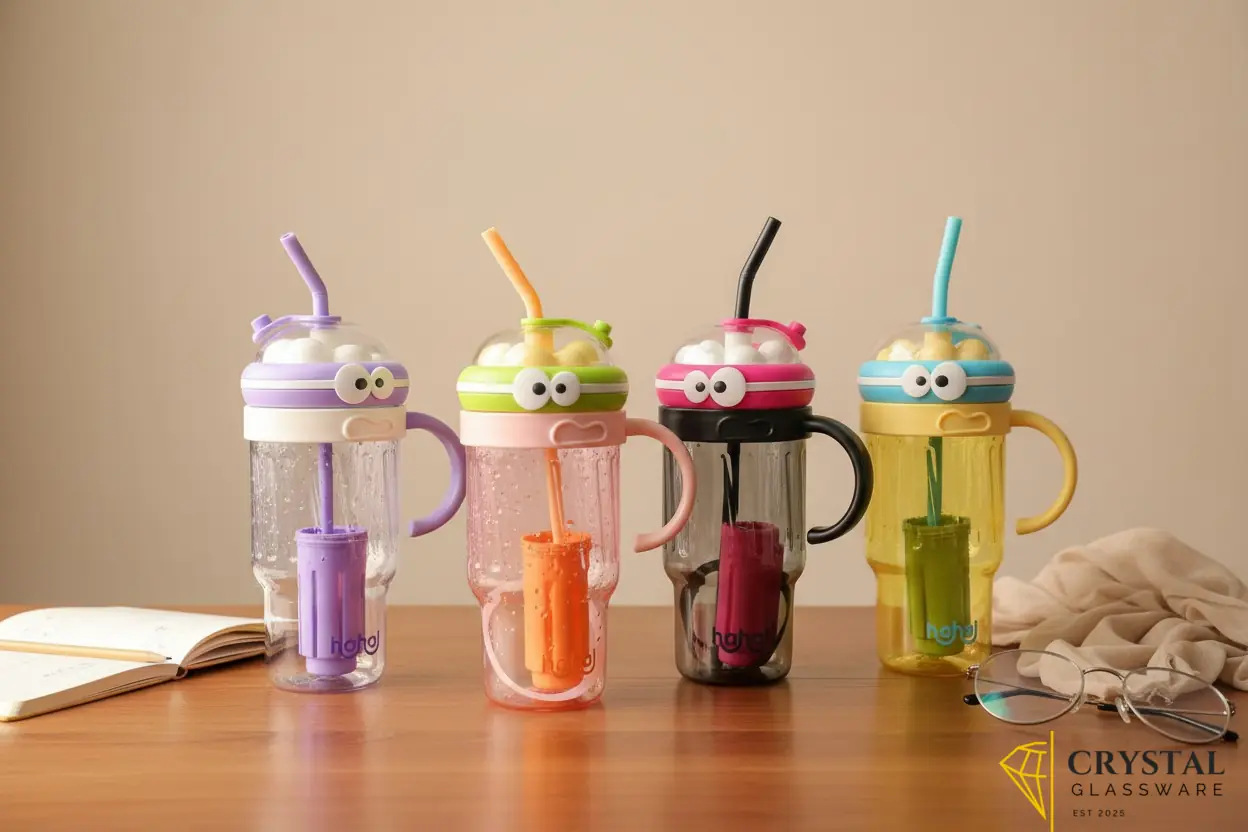 Colorful large capacity cartoon eye-themed sport water bottles with straws